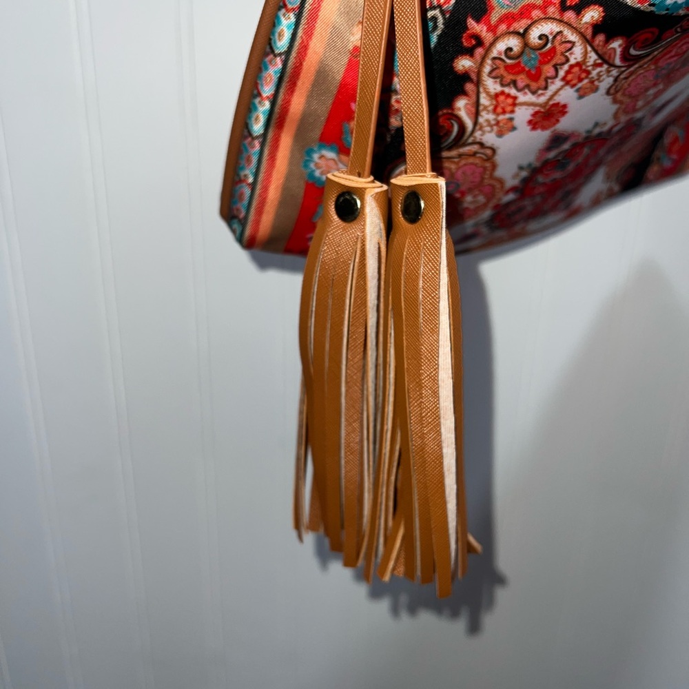 Chico's Orange Multi Colorful Crossbody Bag with Chain Strap and tassels - Picture 3 of 5